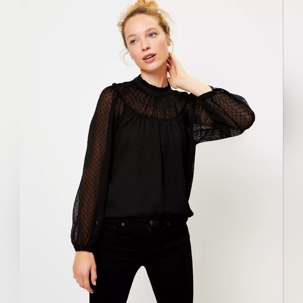 Ann Taylor Loft Clip Dot Shirred Ruffle Neck Blouse Black XS